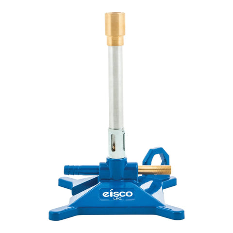 No Tip Bunsen Burner for LPG Fuel, Iron Body, with serrated inlet arm and blue cast iron base, suitable for lab use.