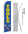 Kickass Advertising Flag And Pole Kit For Shops And Mechanics All In One Outdoor Signage Solution 11.5 Ft By 2.5 Ft Flag 5 Piece Pole Set Heavy Duty Steel Ground Spike For Grass Or Dirt with flag showing the word 'TOOLS' and images of wrenches