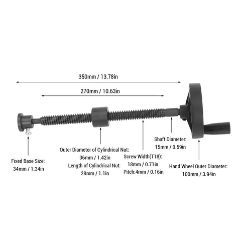 Diagram of T18 Workbench Screw Vise for Woodworking Heavy Duty Clamp With 100mm Jaw and 350mm Reach showing dimensions and parts.