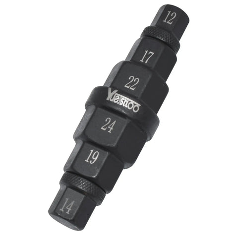 Six In One Motorcycle Hex Axle Tool For Front Axle Wheel Removal And Installation, Allen Spindle Socket Adapter shown in hex sizes