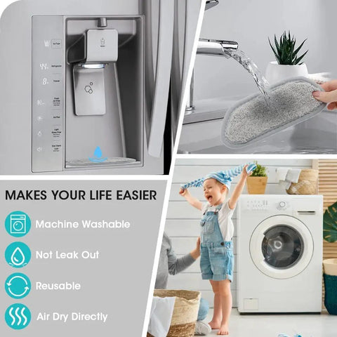 Two Pack Refrigerator Water Drip Tray Catcher Pads, Ultra Absorbent Splash Guard Mats in use with water and washing machine.