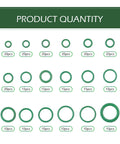 Real Premium Hella Tough Car AC Gasket Kit With 270 Heavy Duty Rubber O Rings assorted green rubber rings and quantities displayed.