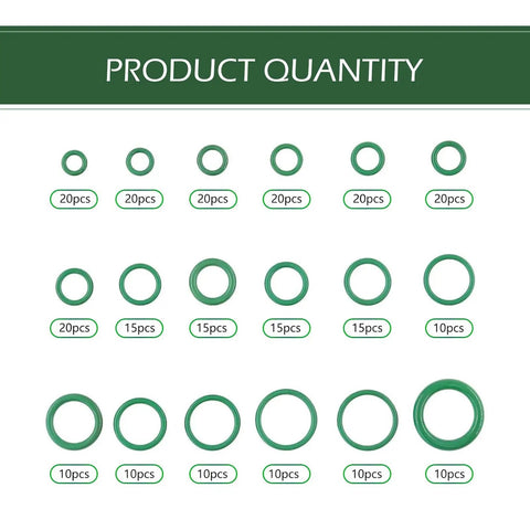 Real Premium Hella Tough Car AC Gasket Kit With 270 Heavy Duty Rubber O Rings assorted green rubber rings and quantities displayed.