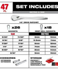 Total Badass 1/2 Inch Drive Ratchet Socket Set 47 Piece Complete Sae Metric Standard And Deep Wrench Kit details including socket sizes and storage.