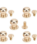 Straight Up 8Mm Round Head Button Studs Featuring Slotted Screw Design Nickel Plated Nail Rivets Solid Brass Heavy Duty Fasteners For Diy Leather Crafting And Upholstery Work 5 Rock Solid Sets grouped view of brass studs and screws on white background.