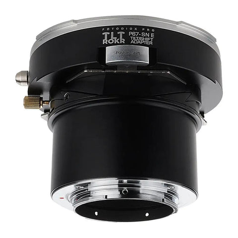 Pro Tilt Shift Lens Mount Adapter For Pentax 6x7 Lenses To Sony E Mount Cameras Infinity Focus Enabled 20mm Total Shift 10 Degrees Tilt 360 Degree Rotation High Precision Build For Professional Shooters, black metal adapter front view
