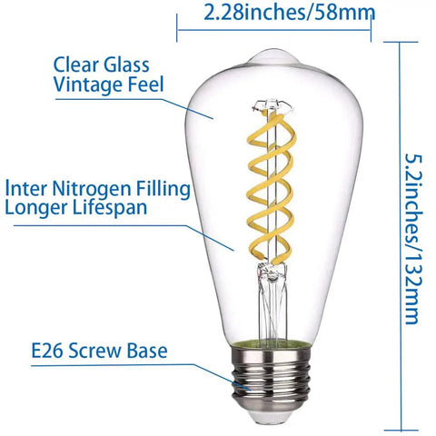 Six Pack Dimmable E26 LED Edison Bulbs 6W 600 Lumens, 60 Watt Equivalent, Cool Daylight 5000K, Vintage Spiral Filament, Clear Glass