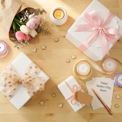A Mother's Day gift setup with flowers, candles, and cards on a wooden table, featuring white boxes with pink bows.