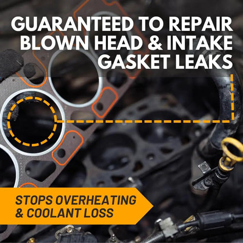 Head Gasket Sealant For Blown Head Gasket And Intake Leaks Quick Easy No Brainer Fix That Stops Coolant And Oil Leaks Fast Safe Engine Repair Trusted For Over 75 Years Keeps Your Ride Running Without Major Head Work. product image with blown head gasket and coolant loss text