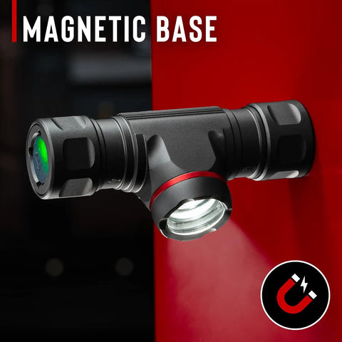 2700 Lumen USB C Rechargeable Headlamp With Twist Focus Beam showing magnetic base attachment on a red surface