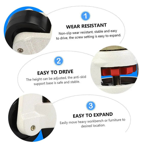 Four Pack Beefy Heavy Duty Swivel Workbench Leveling Casters With 60mm Flat Base Plate For Industrial Equipment Transport And Heavy Furniture Moving On Smooth Floors Ideal For Shop Garage And Warehouse Use, white and black caster close-up