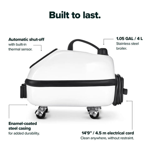 Heavy Duty Commercial Steam Cleaner With Slick Storage Bag Delivers Consistent Low Moisture Dry Vapor For Kick Ass Janitorial Hospitality And Auto Detailing Jobs At Any Venue, white enamel-coated steel casing, 1.05 gal stainless steel boiler.