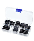 Kick It Up A Notch With This Awesome 66 Pc Dip Ic Socket Kit For All Your Electronics Projects! Features Solder Type Adaptors In 6, 8, 14, 16, 18, 20, 24 And 28 Pin Sizes To Make Wiring A Total Snap And Get You Building Faster Than Ever Before Today! clear plastic case with black DIP IC sockets
