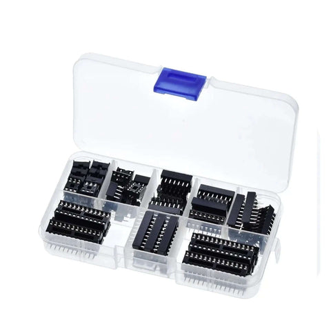 Kick It Up A Notch With This Awesome 66 Pc Dip Ic Socket Kit For All Your Electronics Projects! Features Solder Type Adaptors In 6, 8, 14, 16, 18, 20, 24 And 28 Pin Sizes To Make Wiring A Total Snap And Get You Building Faster Than Ever Before Today! clear plastic case with black DIP IC sockets