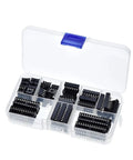Grab This Insane 66 Pc DIP IC Socket Adapter Kit With Solder Type Design For 6 Through 28 Pin Chips And Make Your Electronics Soldering Jobs A Total Snap Today. clear plastic case with assorted black DIP IC sockets