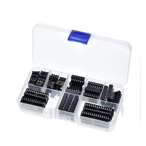 Grab This Insane 66 Pc DIP IC Socket Adapter Kit With Solder Type Design For 6 Through 28 Pin Chips And Make Your Electronics Soldering Jobs A Total Snap Today. clear plastic case with assorted black DIP IC sockets