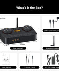 K7 DAC Headphone Amplifier for Desktop Gaming and Dope HiFi Music Setup with USB-C, Optical, Coaxial, Bluetooth AptX HD, microphone input, and multiple outputs, displayed with accessories including USB-C cable, antenna, cables, and power supply.