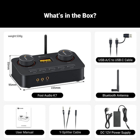 K7 DAC Headphone Amplifier for Desktop Gaming and Dope HiFi Music Setup with USB-C, Optical, Coaxial, Bluetooth AptX HD, microphone input, and multiple outputs, displayed with accessories including USB-C cable, antenna, cables, and power supply.