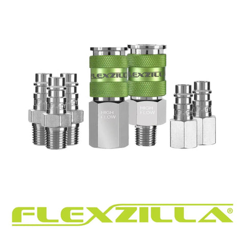 Pro High Flow Air Tool Coupler And Plug Kit, 7 Piece, 1/4 Inch NPT, Push To Connect System, green and silver components displayed