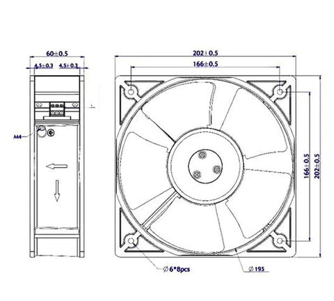 Beast Airflow 200x200x60mm Axial Flow Cooling Fan For Industrial Cabinets, 220V AC, 0.45A, 58W, 20cm Ventilation Fan Delivers Turbocharged Air Movement For Fast Equipment Cooling And Cabinet Temperature Control, technical dimension drawing