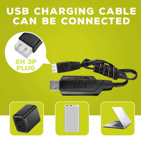 USB charging cable with XH 3P plug for 2S 7.4V 3000mAh 35C LiPo Battery with EC3 plug, compatible with charger adapters and devices.