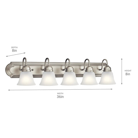 Brushed Nickel 5 Light Vanity Bath Light With Clear Satin Etched Glass Dope Modern 36 Inch Wall Mount Fixture For Bathrooms Damp Rated 36 Inch Wide By 8 Inch High Bulbs Not Included