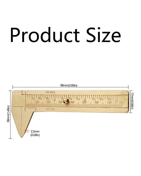 Product size diagram of Dual Scale Calipers With Inch And Metric Scales For Jewelry Making, Woodworking, Metalworking, And DIY Projects, brass.
