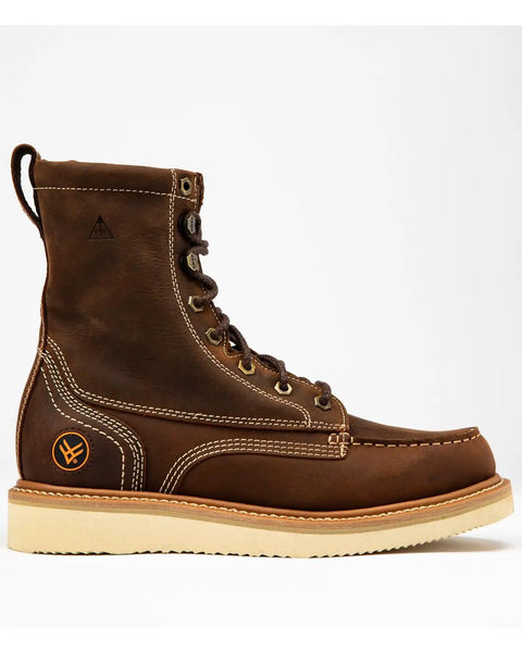 8 Inch Moc Toe Work Boot With Goodyear Welt Construction, Electrical Hazard Protection, brown leather, EE width, side view