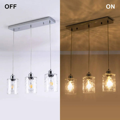 Three Light Clear Hammered Glass Pendant Lights for Modern Kitchen Island in Chrome Finish Hanging Light Fixture on and off