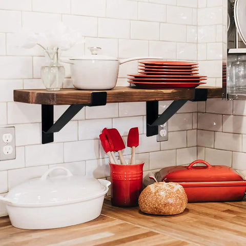 Heavy Duty 16 Inch Shelf Brackets With Lip Tough Industrial Wall Mount Metal Storage Brackets For Indoor Outdoor Use Rust Resistant Includes Screws 2 Pack Black supporting wooden shelf with kitchenware displayed