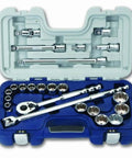 Pro Grade One Half Inch Drive 23 Piece Tool Set With SuperTorque Sockets in a Tough HDPE Case, displayed open with tools visible.