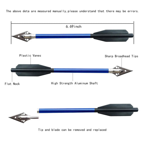 Compact Aluminum Crossbow Bolts With Replaceable Razor Sharp Broadhead Tips For Field Hunting And Target Practice 6.69 Inch Mini Arrows