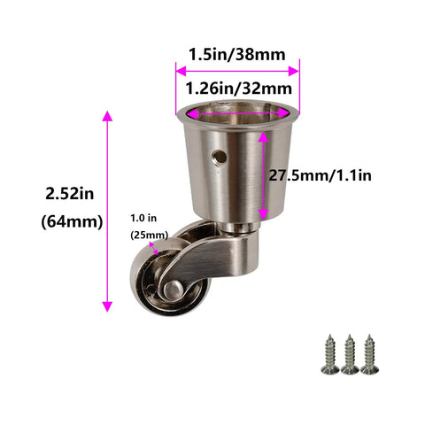 4 Pack Swivel Cup Casters For Furniture 2.52 Inch Height Silver Zinc Alloy Heavy Duty Wheel Caster with screws visible