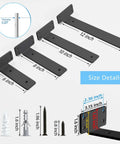 Chart showing size details of Six Inch Heavy Duty Shelf Brackets Set Of Six For Wood Shelves, with various lengths and screws.