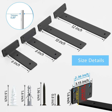 Beefy 12 Inch Floating Shelf Brackets 6 Pack Black Metal L Brackets for Wood Shelves One Fifth Inch Thick Heavy Duty Shelf Supports Up To 160 Lbs Each, with size details