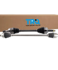 Front CV Axle Shaft Assembly Set For 2010 2011 Kia Soul Driver Side And Passenger Side Direct Fit OEM Quality Replacement Plug And Play Ready For Easy Install And Road Tested Reliability. Two front CV axle shafts with boots and box.