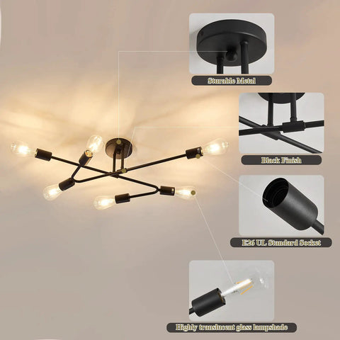 Six Light Vintage Sputnik Chandelier In Matte Black Metal Semi Flush Mount Ceiling Light Fixture with close-up details