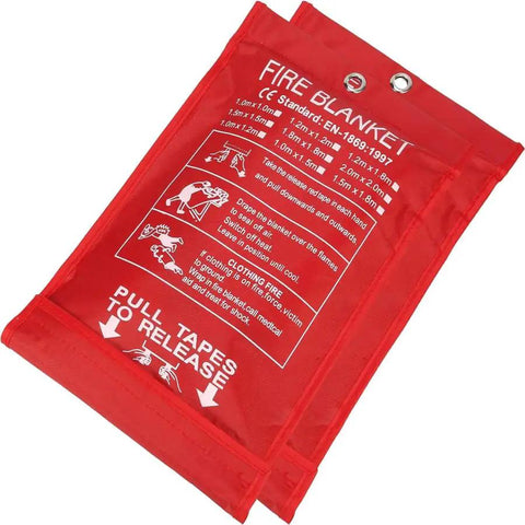 Heavy Duty Fiberglass Emergency Fire Blanket in red pouch, used to smother kitchen grease fires and campfires safely.
