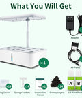 Indoor Hydroponics Garden System With LED Grow Light And 14 Pods, WiFi Herb Garden Kit components spread out