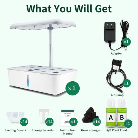 Indoor Hydroponics Garden System With LED Grow Light And 14 Pods, WiFi Herb Garden Kit components spread out