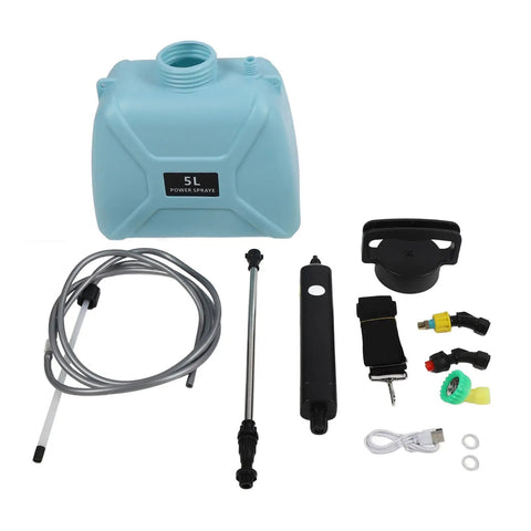 Parts of a 5L Powerful Electric Garden Sprayer With Adjustable Nozzle For Farm And Home Use including tank and accessories