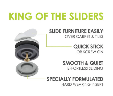 Exploded view of One Inch Chair Sliders Set Of Eight Self Adhesive And Screw On Furniture Glides for hard floors, showing components.