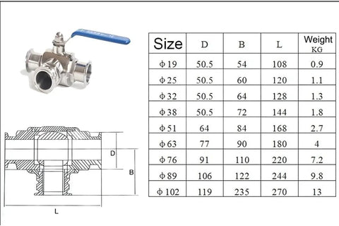 Heavy Duty 304 Stainless Steel Three Way Ball Valve With T Port And L Port Configurations For Plumbing And Hydraulic Projects with size chart.