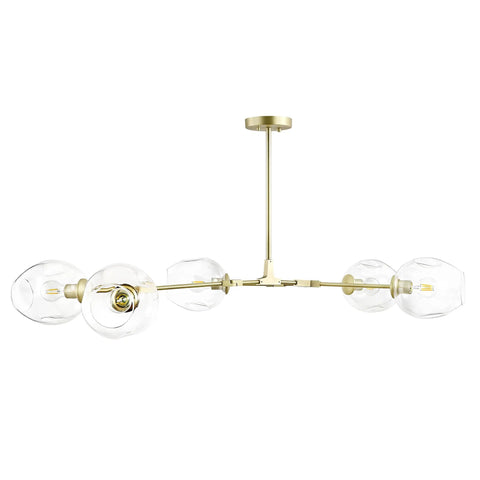 Matte Gold Five Light Adjustable Chandelier Pendant With Clear Glass Shades Dope Modern Ceiling Lighting Fixture For Dining Room Kitchen Island Bar 60 Inch Hanging Height Hardwired, side view