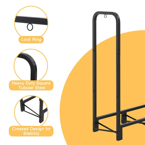 Heavy Duty 12 Foot Firewood Rack With Cover For Outdoor Storage And Indoor Use Large Black Log Rack Holds Three Quarters Face Cord Of Firewood Sturdy Tubular Steel Frame Weather Resistant showing lock ring and design features