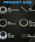 Trailer hub bearing kit with L44643 bearings, L44610 races, grease seals, dust caps, cotter pins, and rubber plugs (2 sets).
