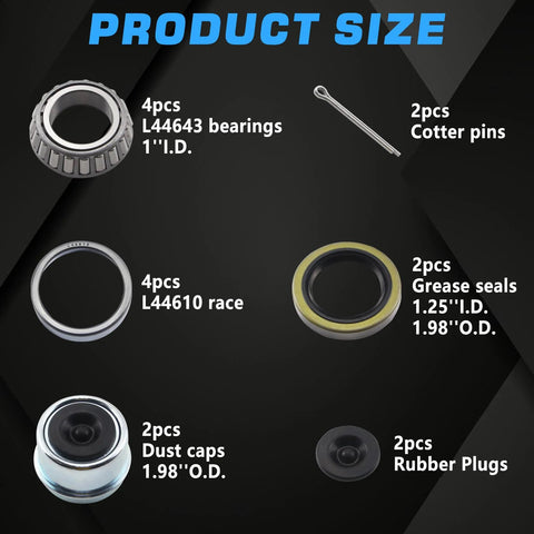 Trailer hub bearing kit with L44643 bearings, L44610 races, grease seals, dust caps, cotter pins, and rubber plugs (2 sets).
