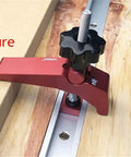 Heavy Duty T Slot Hold Down Clamp Set For Precision Woodworking Benches with black knob and aluminum base securing wood.