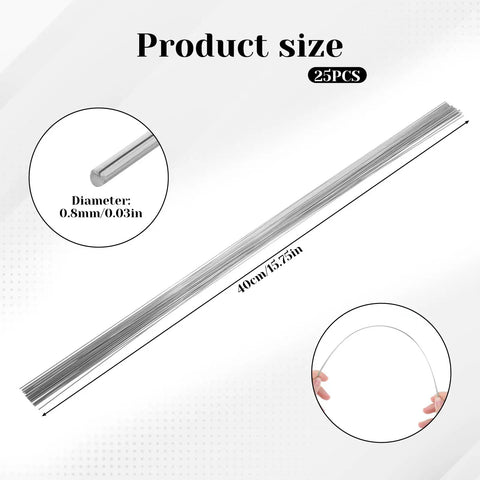 25 Pieces 0.8mm Stainless Steel Piano Wire Spring Wire 40 Cm Straight Full Hard For DIY Crafts Model Car Helicopter Airplane Projects Music Wire Set Pro Grade For Repairs And Hobby Projects shown with dimensions and material details.