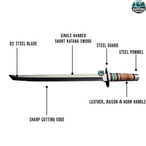 Hand Forged Short Sword With Sharp Tanto Blade, Custom Handmade Katana Steel Blade In D2 Steel, leather handle view